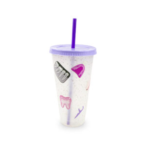 Vaso con tapa y popote de plástico reutilizable con diseño odontológico Odonto Bright