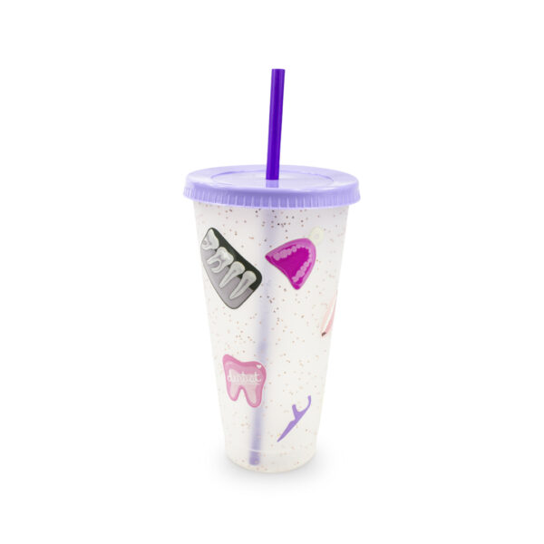 Vaso con tapa y popote de plástico reutilizable con diseño odontológico Odonto Bright