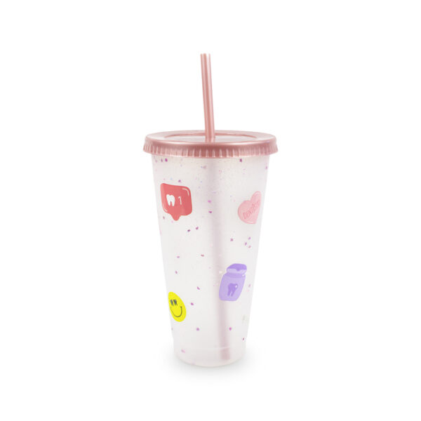 Vaso con tapa y popote de plástico reutilizable con diseño odontológico Odonto Bright - Imagen 2