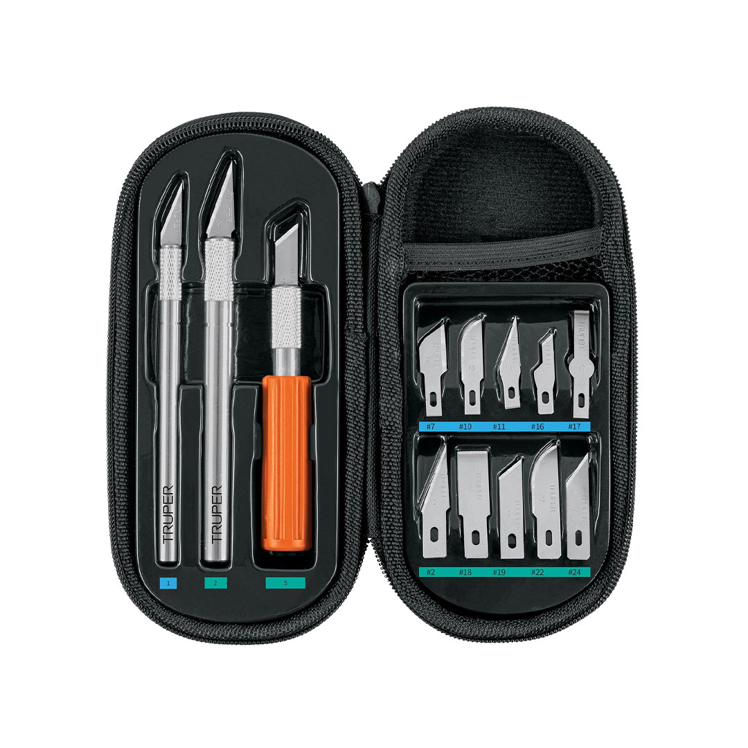 Juego de exactos con 13 cuchillas y estuche Truper